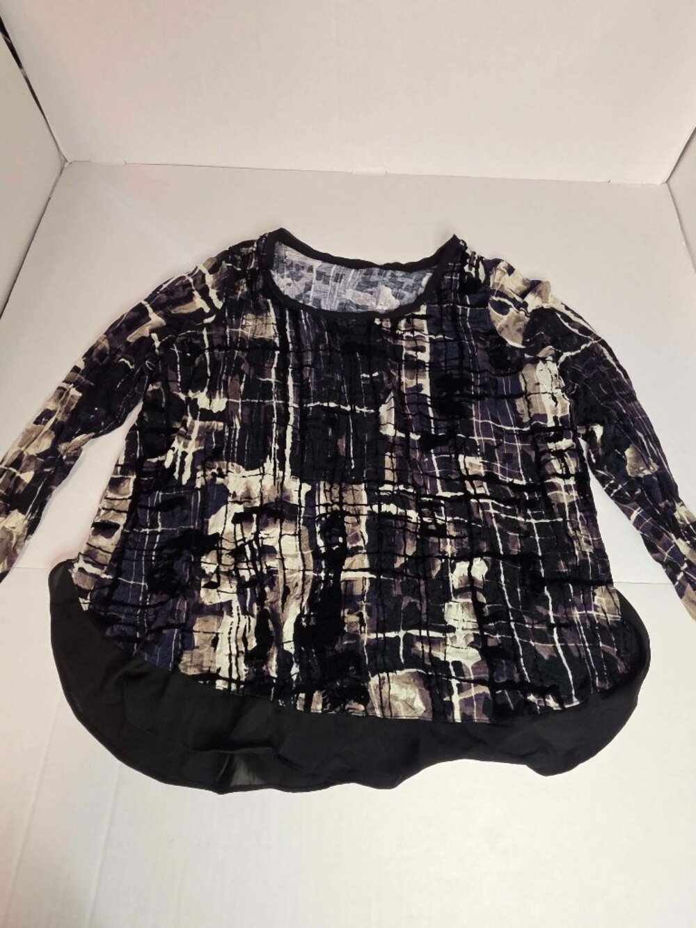 Women's Black Tan Purple Abstract Print Long Sleeve Top Hi-Low XL